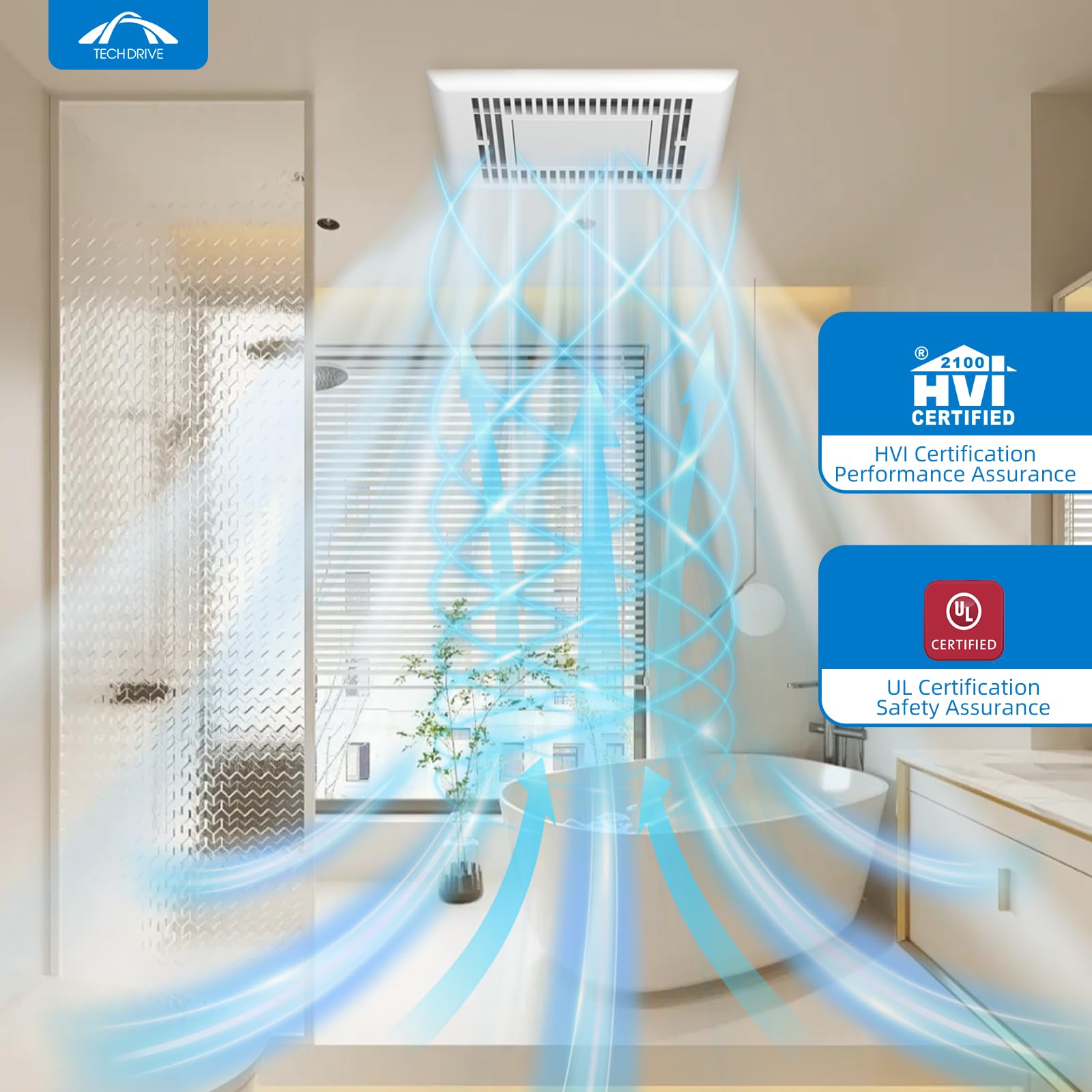 Tech Drive Petit Ventilateur de salle de bain Very-Quiet 70 CFM, 2.0 Sone avec lumière LED 4000 K 600 lm (70 CFM), montage au plafond, facile à installer