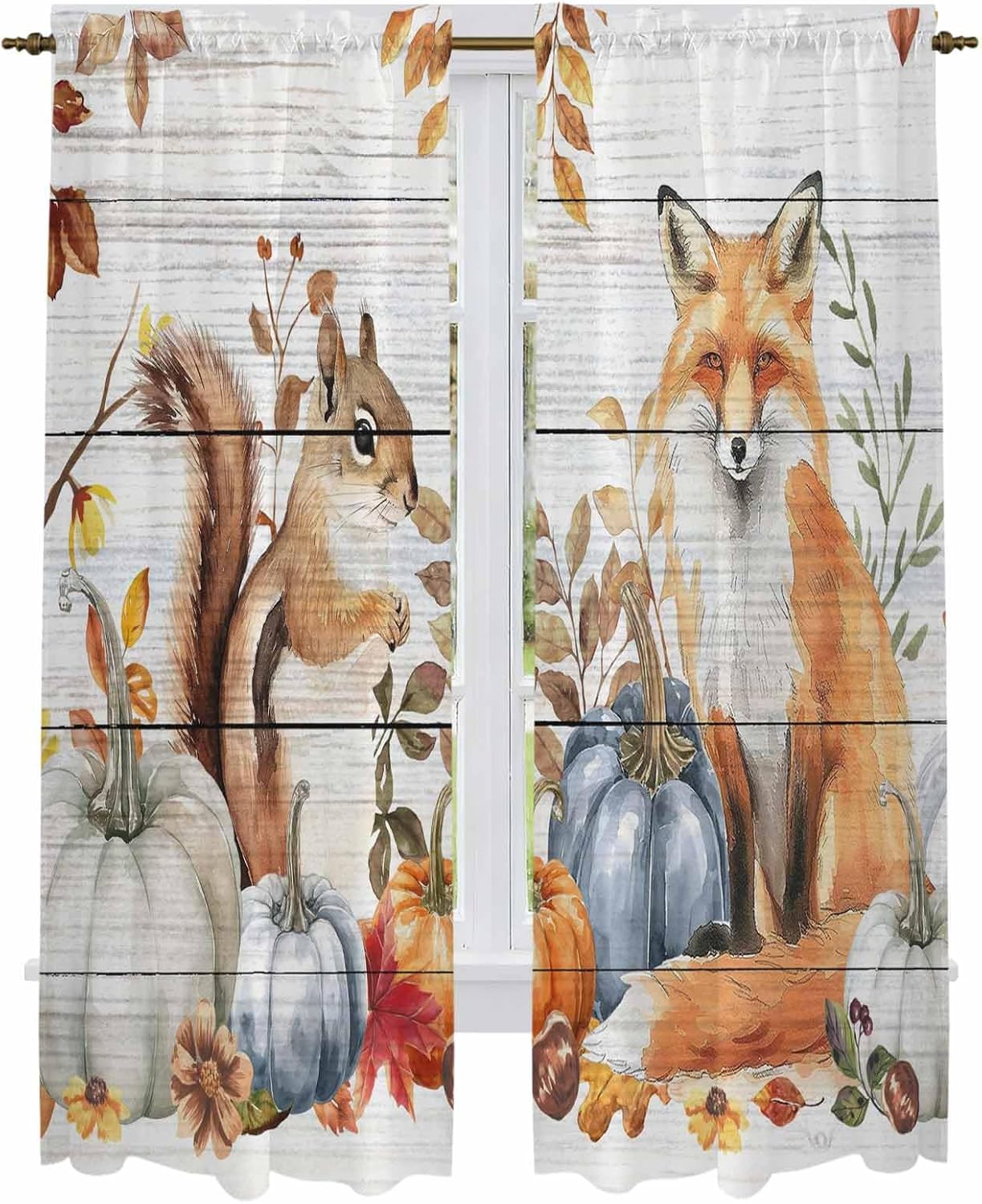 Thanksgiving Window Curtains 72 Inch Long 2 Panel Set, Rod Pocket Long Curtains & Drapes, Squirrel Fox Pumpkin Autumn Eucalyptus Light Filtering Window Treatment for Bedroom Living Room 52"W x 72"L