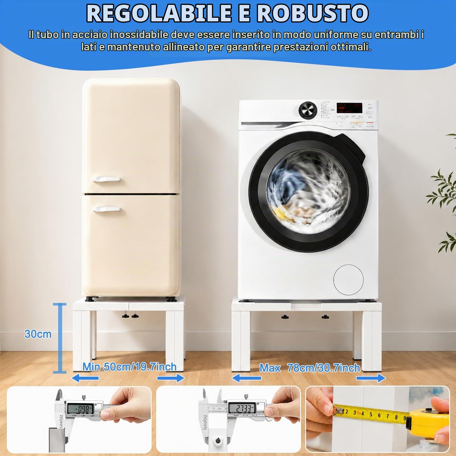 DEWEL Base Lavatrice Alta Resistenza Altezza 30 cm, In Acciaio Massiccio Robusto, Carico 500kg, Supporto Universale e Regolabile (50-78cm) per Lavatrice, Asciugatrice e Frigorifero, Bianco