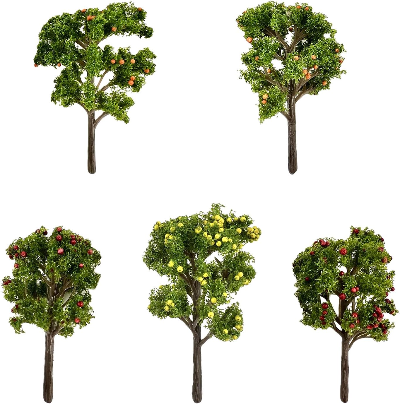 5pcs Mini Tree Model for Diorama, Miniature Trees with Fruits, Plastic Model Trees for Railway Layouts, Scene Building, Scale 1:87 1:100 1:160,Ages 14+(Mixed Color)
