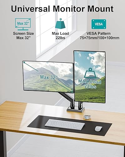Miniatura 2 de Soporte de escritorio con brazo de monitor doble para pantallas de computadora de 13 a 32 pulgadas, soporta 4.4 a 22 libras, soporte VESA ajustable