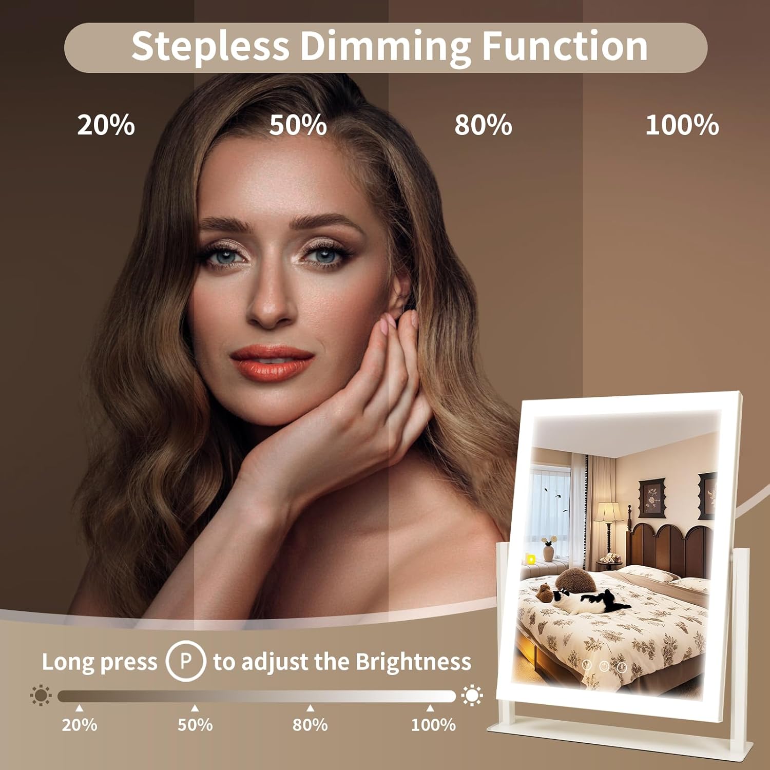 ROLOVE 16"x13" Vanity Mirror with Lights, Three Colors Lighting Mode, 360°Rotation, Lighted Makeup Mirror wih Stand for Desk, Bedroom, Dorm, Gifts for Women