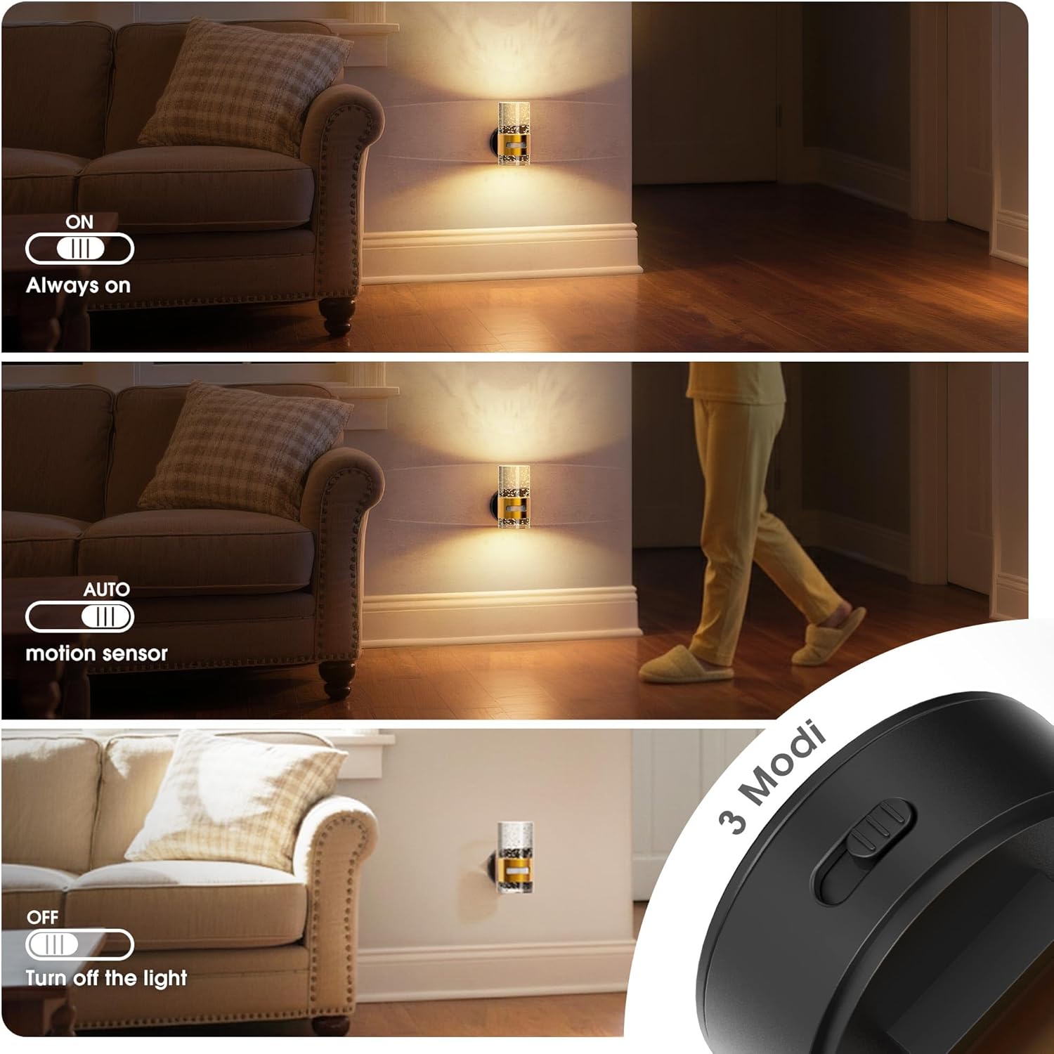 JandCase Motion Sensor Night Light, Wireless Rechargeable Night Light Wall Mounted, 2 Pack Motion Activated Night Lights, Dimmable Nightlight 3000K Warm White, for Bathroom Hallway Stairs