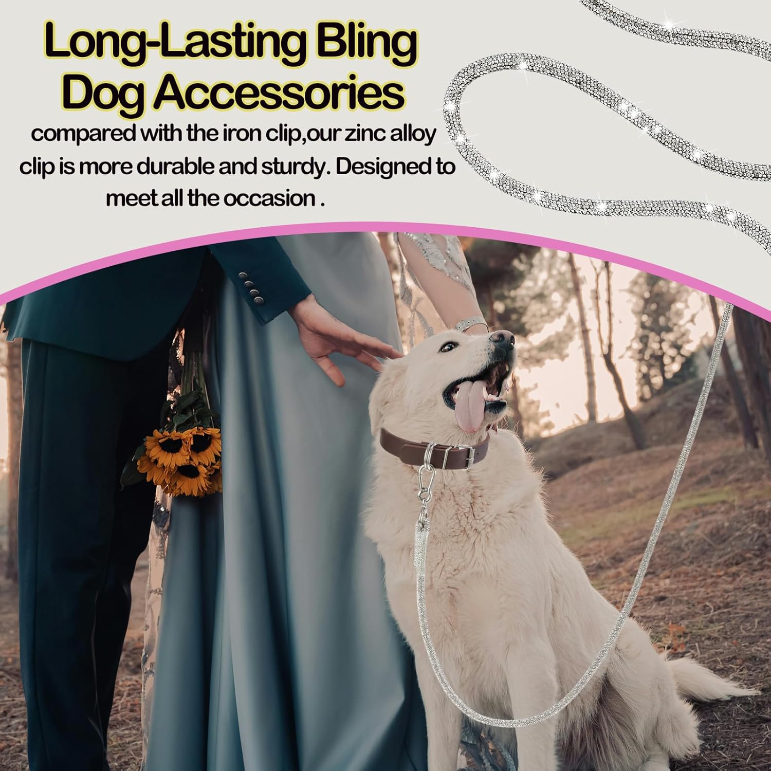 Bling Dog Leash 4ft Small Dog Leash Girl Sparkly Rhinestones Leashes Handmade Full Diamonds Design Pets Leashes Specially for Wedding Daily Walks Festive Party Celebrations (White, 4ft)