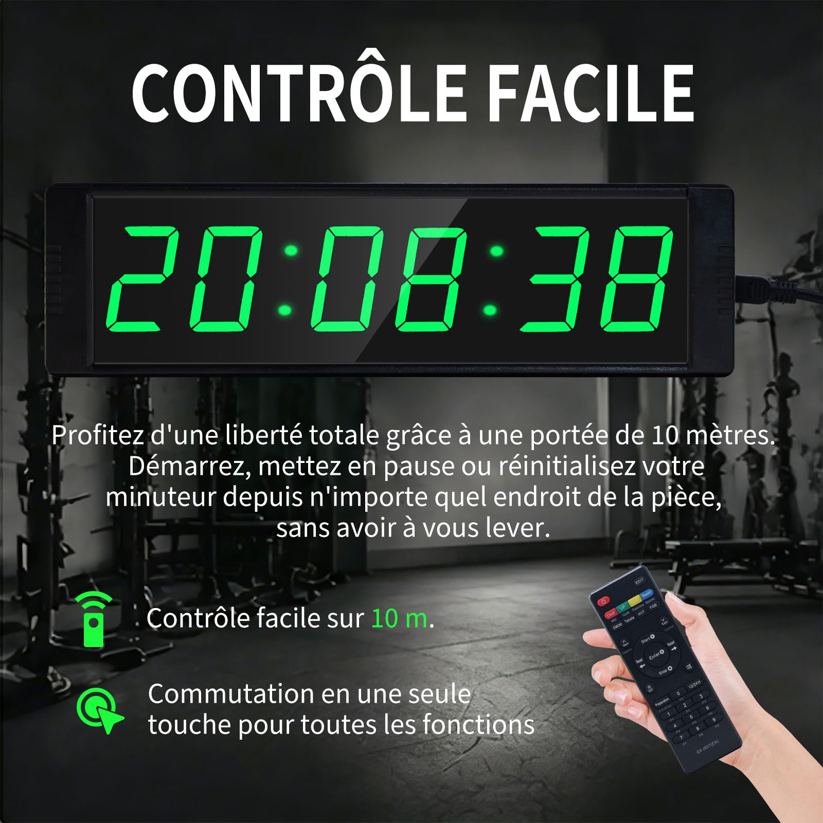LUCKY TIME Minuteur Fitness LED avec Télécommande et Bouton Start/Stop | Chronomètre Compte à Rebours, Minuteur d’Intervalle 12/24H pour Salle de Sport à Domicile