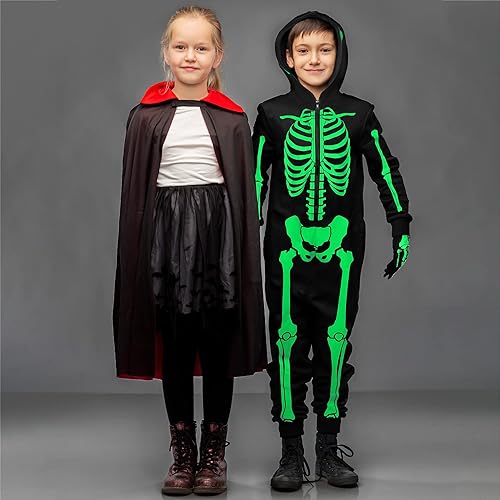 Miniatura 5 de SOMSOC Disfraz de esqueleto de Halloween para niños, guantes brillantes y overol que brilla en la oscuridad
