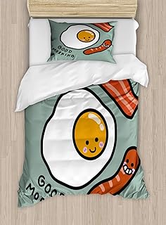 Ambesonne Breakfast Duvet Cover Set, Morning Message Egg Bacon Sausages, Decorative 2 Piece Bedding Set with 1 Pillow Sham, Twin Size, Green Salmon