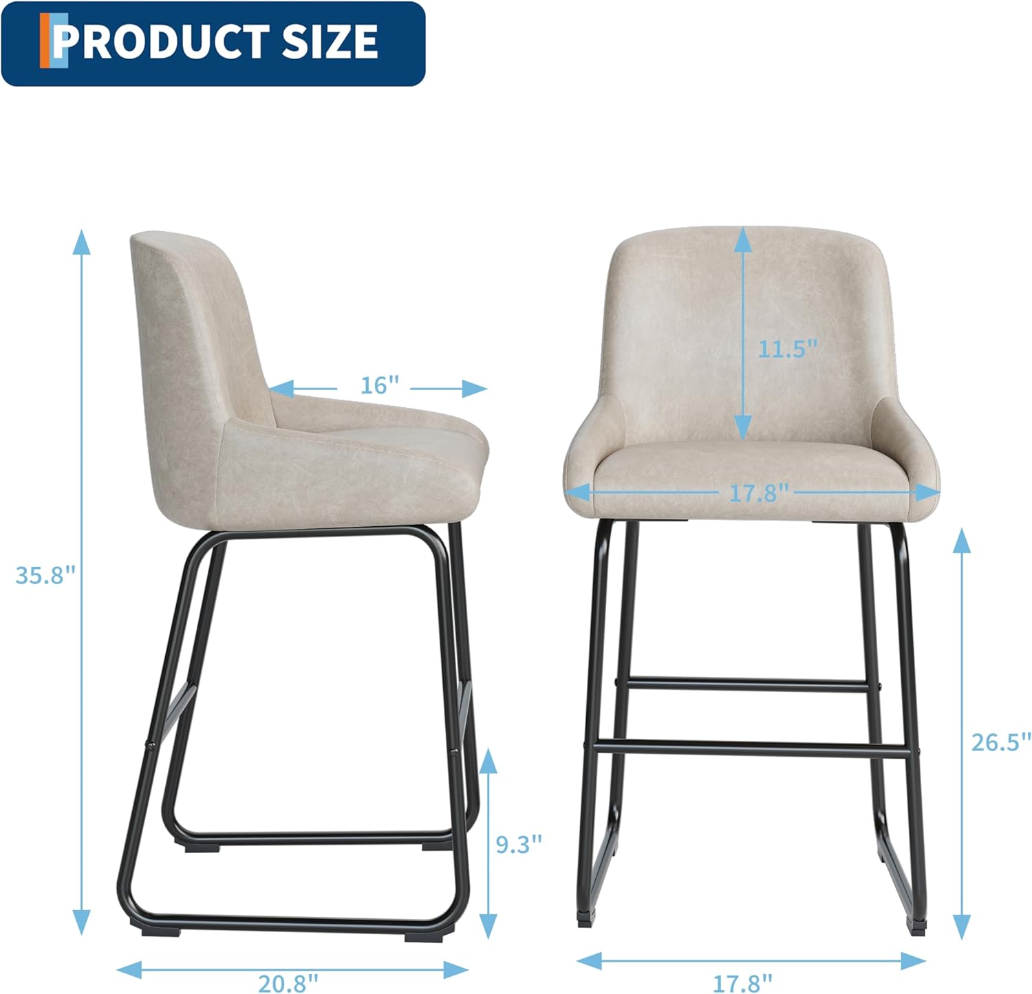 IDEALHOUSE Counter Height Bar Stools Set of 3, PU Leather Barstools with Back and Footrest, Modern Industrial Metal Frame Armless Bar Chairs for Kitchen Island, Counter, Grey