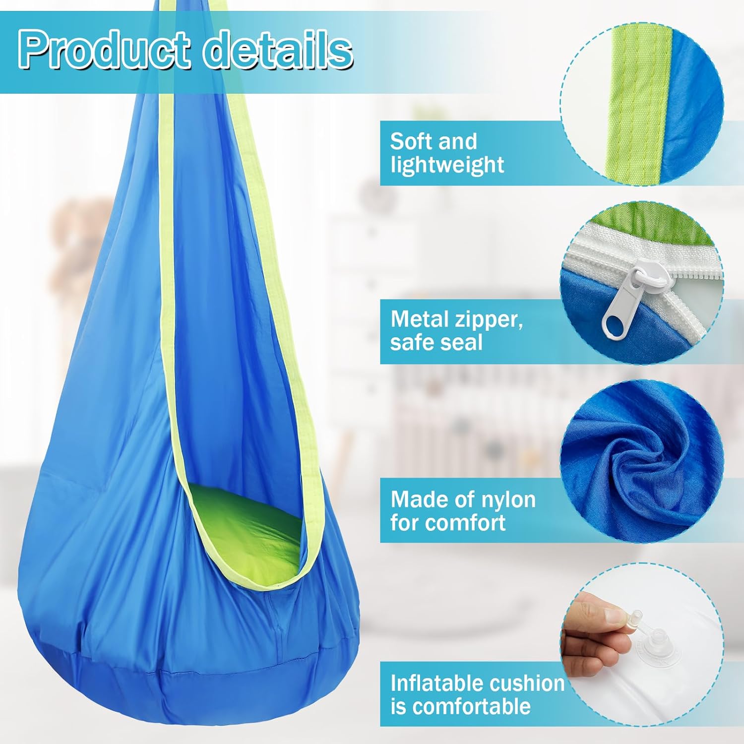 Portable Kids Pod Swing Seat, Comfortable Hammock Chair Swing, Hanging Hammock Chair, Kids Swing Hammock Pod Chair, Sensory Swing Chair with Pocket for Outdoor and Indoor.