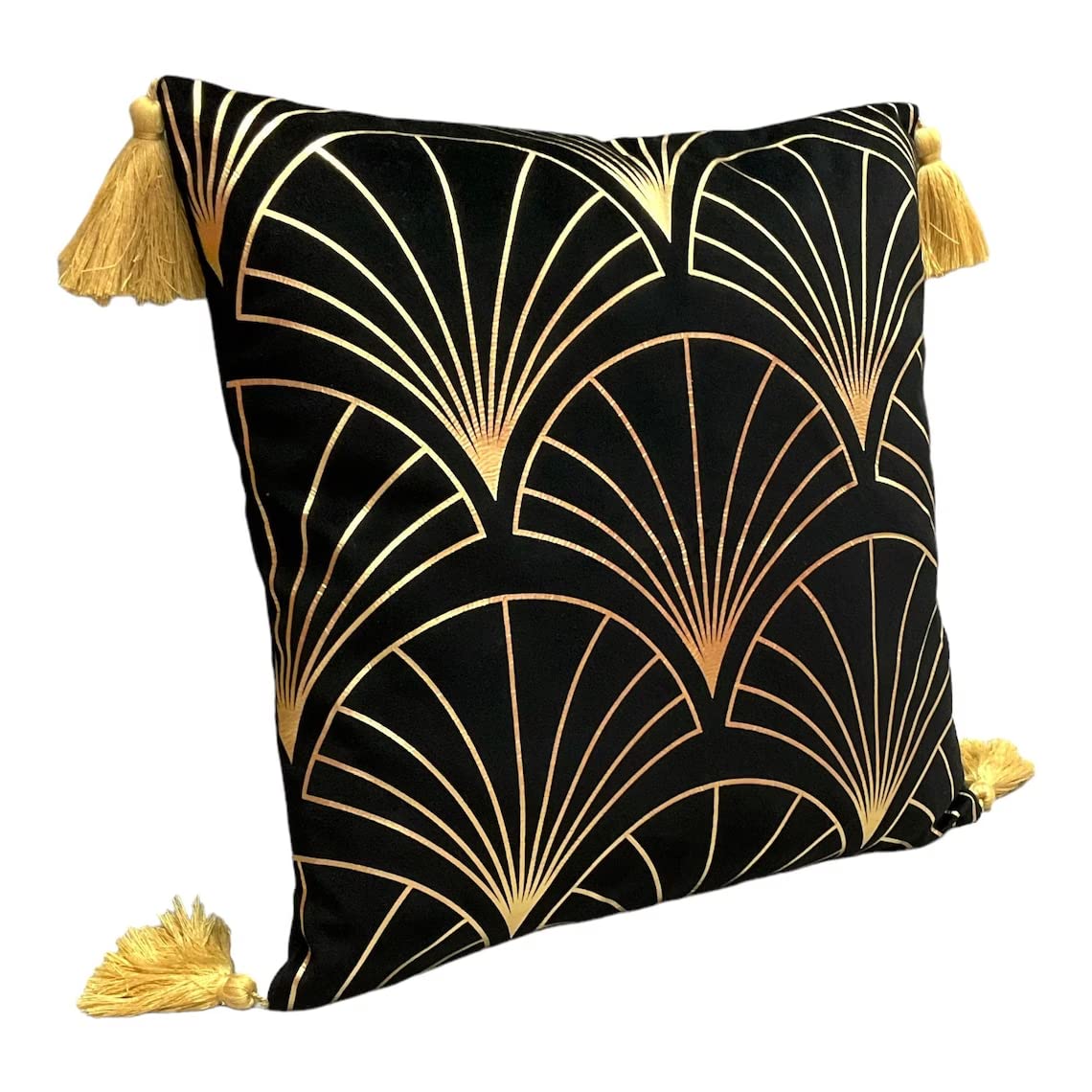Moroccanity Black And Gold Art Deco Black Velvet Gold Cushion Cover With Tassels, Art Deco Pillow, Gold Black Cushion Cover, Velvet Pillowcase, 43X43cm