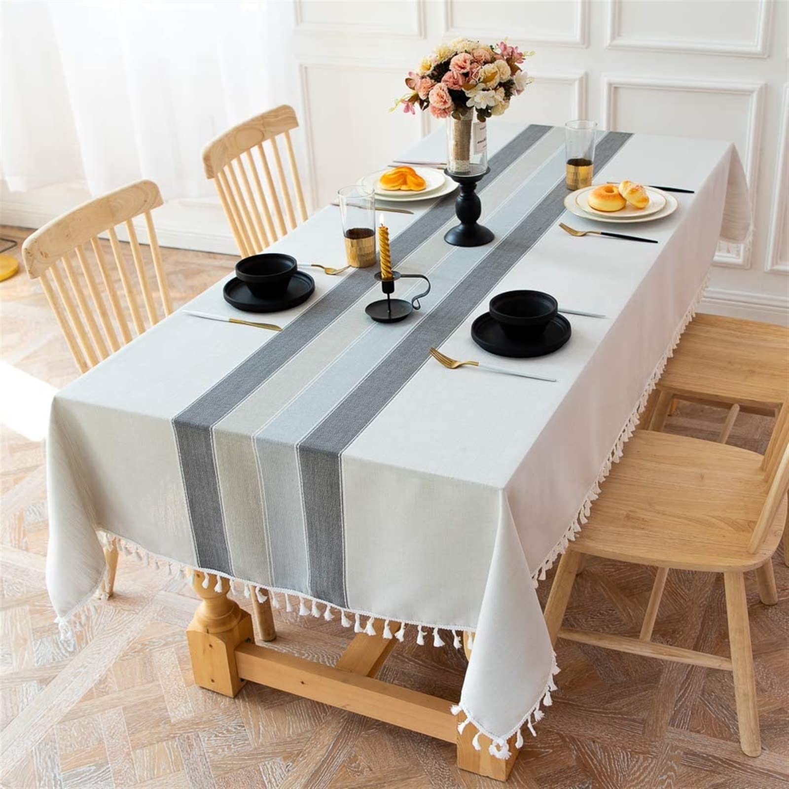 Czarno-szare bawełniane lniane obrusy, materiałowe obrusy w paski z pasiastymi frędzlami, dekoracja stołu kuchennego(Striped color,140cm x 220cm)