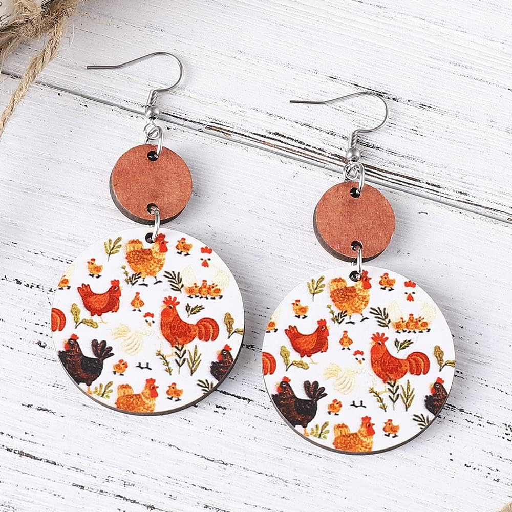 Creative Funny Hen Chicken Wave-Dot Wooden Dangle Earrings Cute Kawaii Animal Turkey Rooster Farm Design Earrings for Women Lightweight Hypoallergenic Fashion Charm Jewelry Gifts - Image 3
