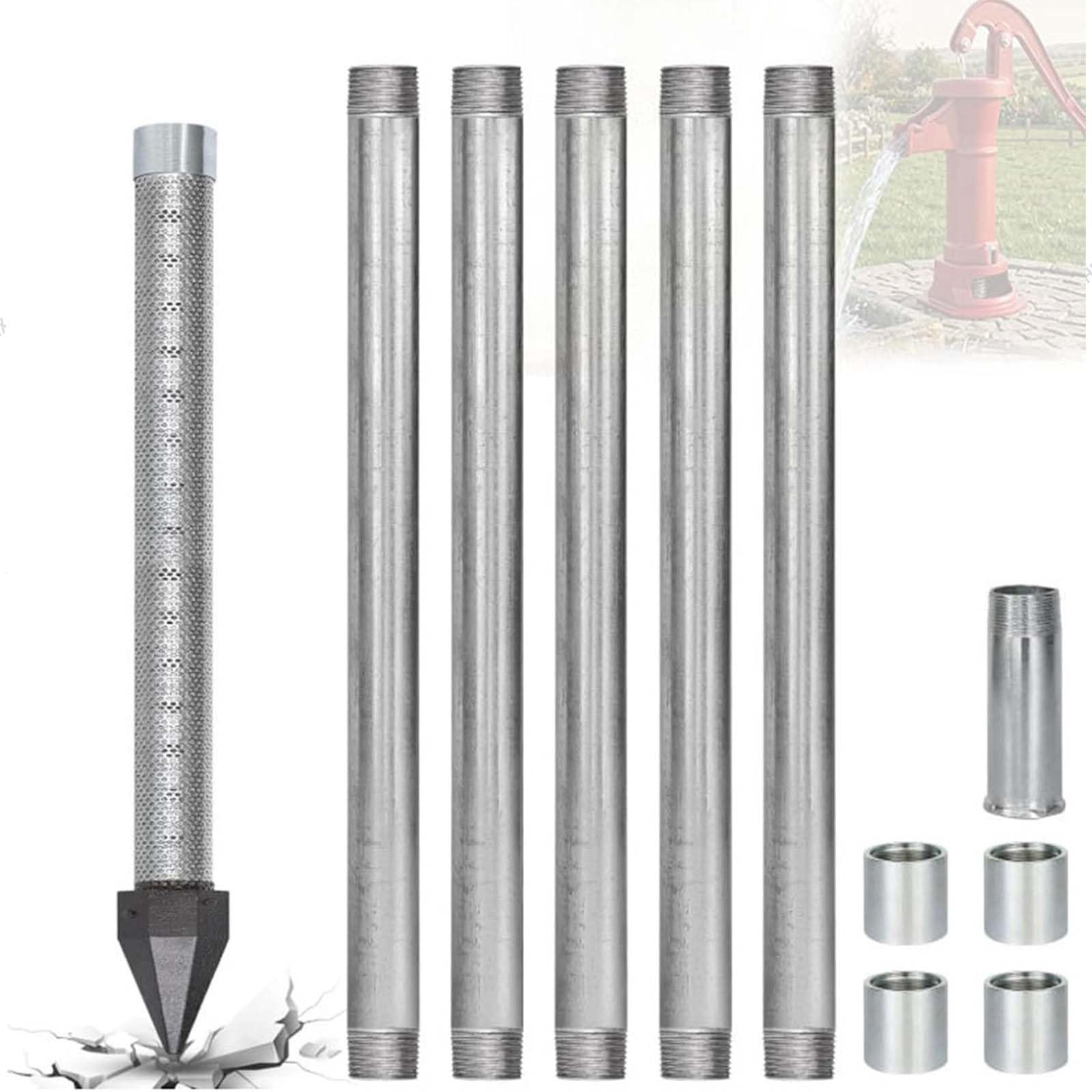 Sand Point Well Kit, 1-1/4" Stainless Steel Drive Point with 60 Gauge Mesh Screen, 36-Inch Heavy Duty Shallow Well Drilling, Galvanized Pipes and Drive Coupling(5+1kit)