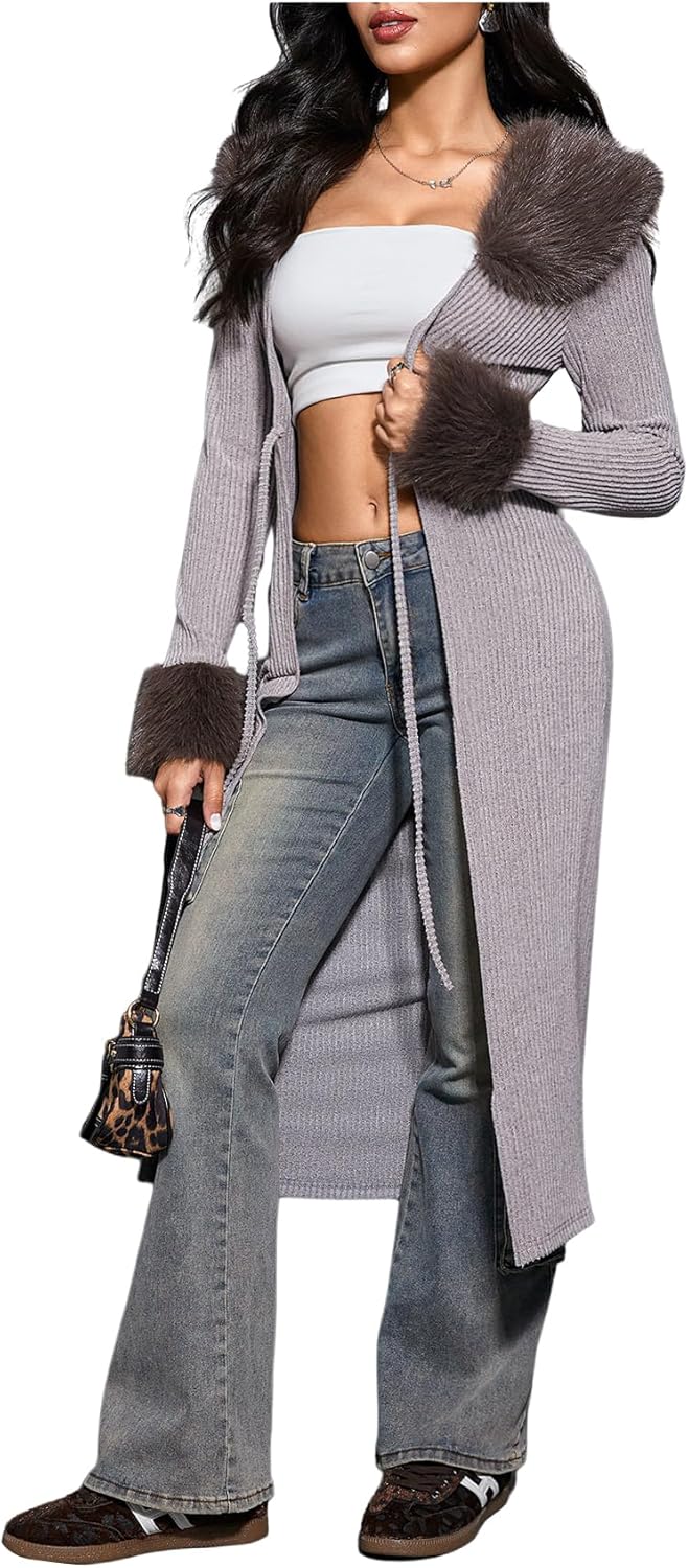 SOLY HUX Long Cardigans for Women Fur Trim Fuzzy Open Front Long Sleeve Tie-up Y2k Knitted Sweater Coats