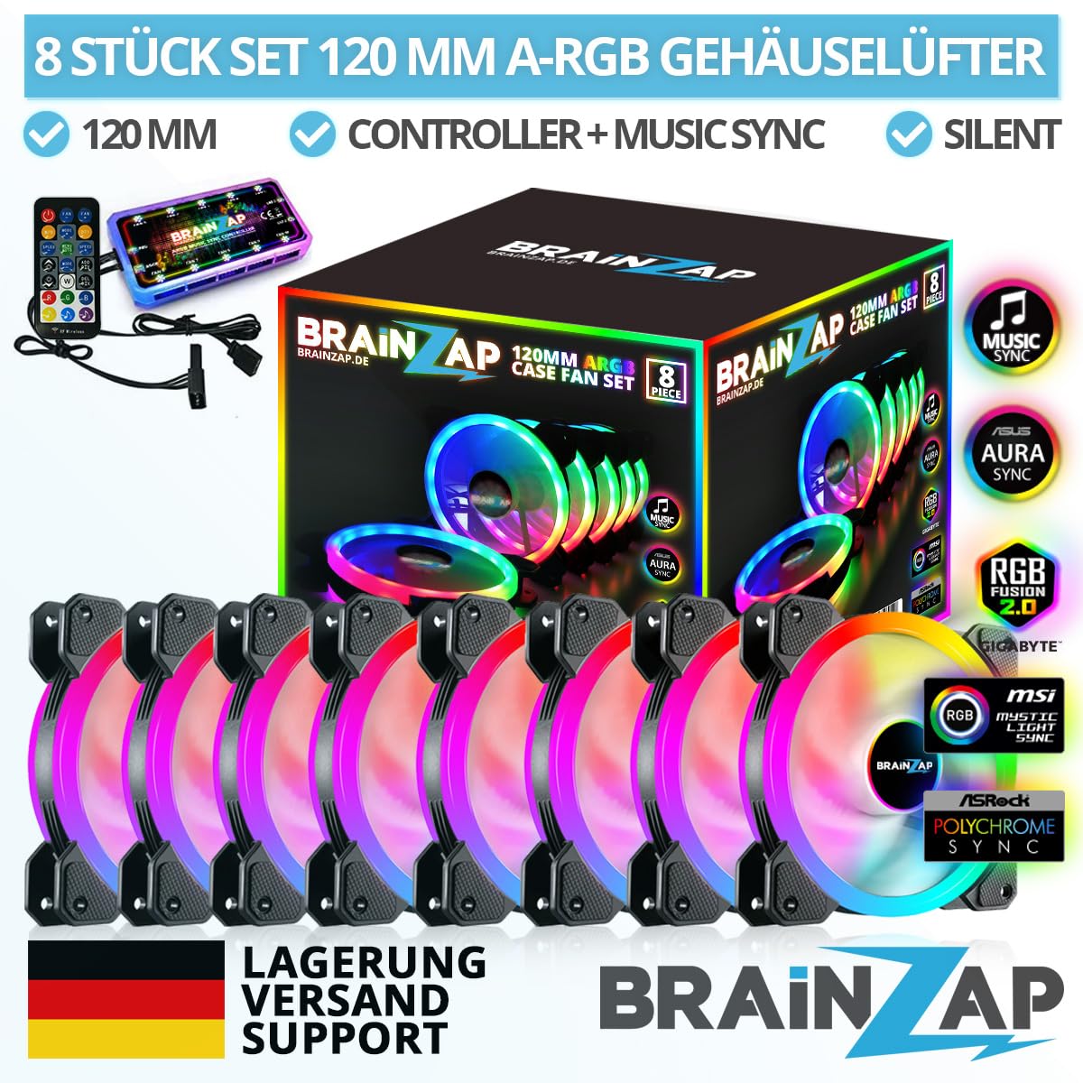 1-10x SET BRAINZAP 120mm LED A-RGB/RGB Silent Case Fan Set inkl. Controller Gehäuse Lüfter MSI Aura Asus Gigabyte Coolmoon (8x Lüfter + Controller)