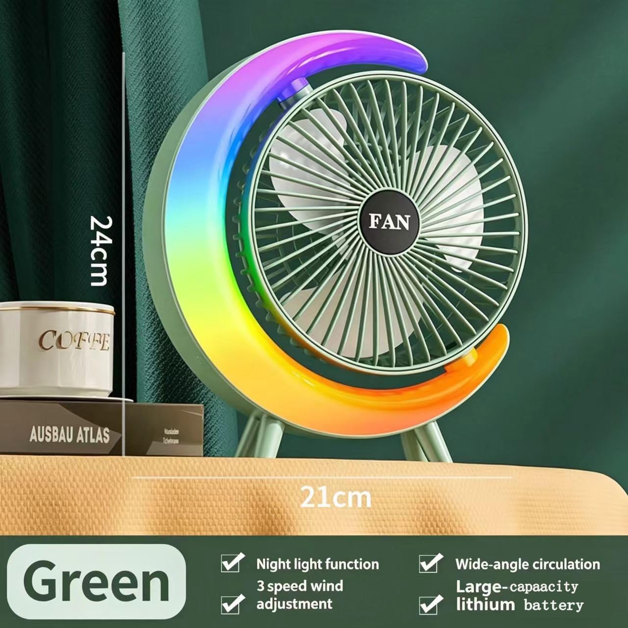 Small Quiet Desk Fan Rechargeable, Portable USB Table Fan with 5 Light Modes, 3-Speed 180° Rotation, Mini Desktop Personal Cooling Fans For Office Bedroom Kitchen Camping Dorm, Green-B