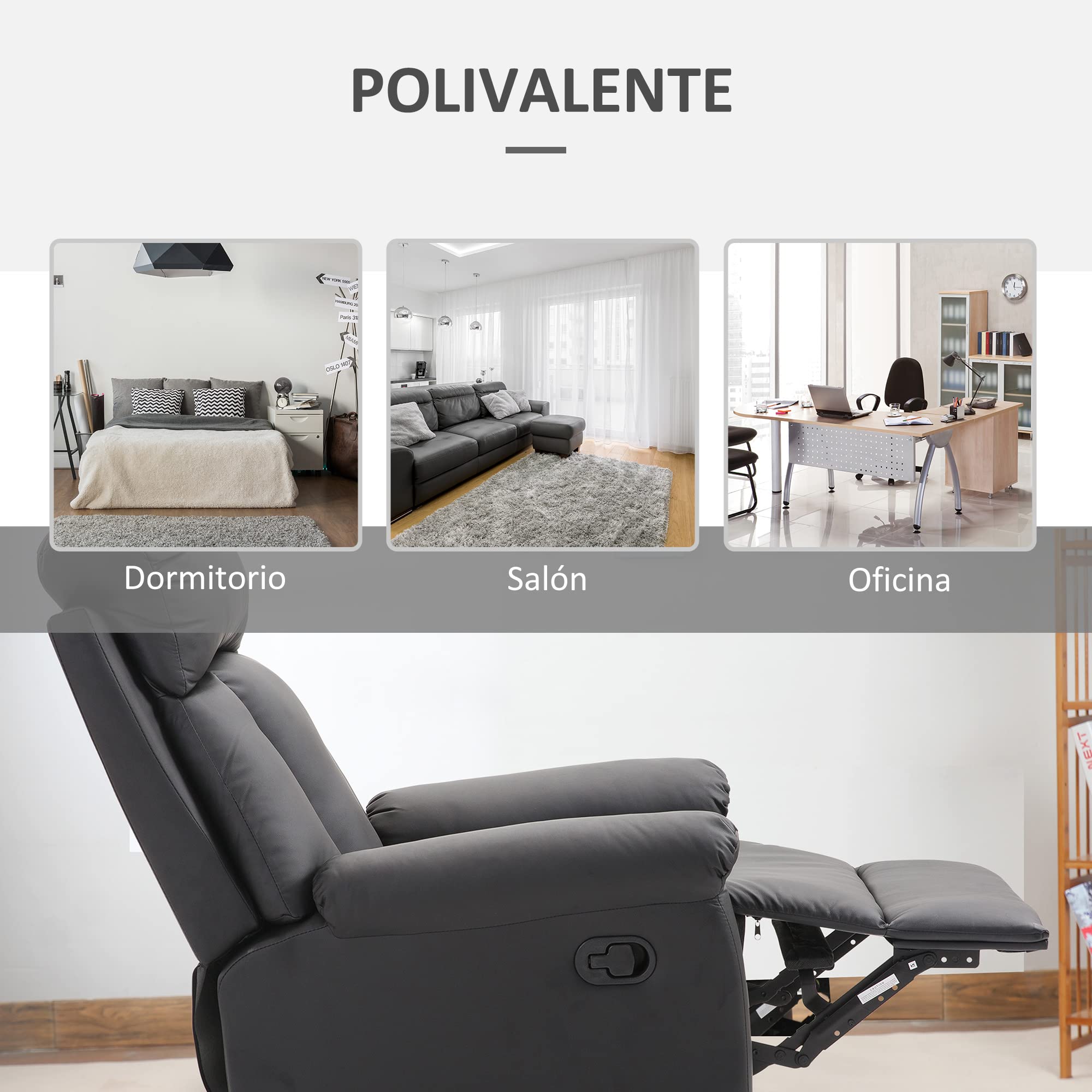 HOMCOM Sillón Relax Reclinable Tapizado en PU Butaca de Salón con Reposapiés Retráctil Respaldo Alto Resposabrazos y Asiento Acolchados Grueso 80x97x107 cm Negro