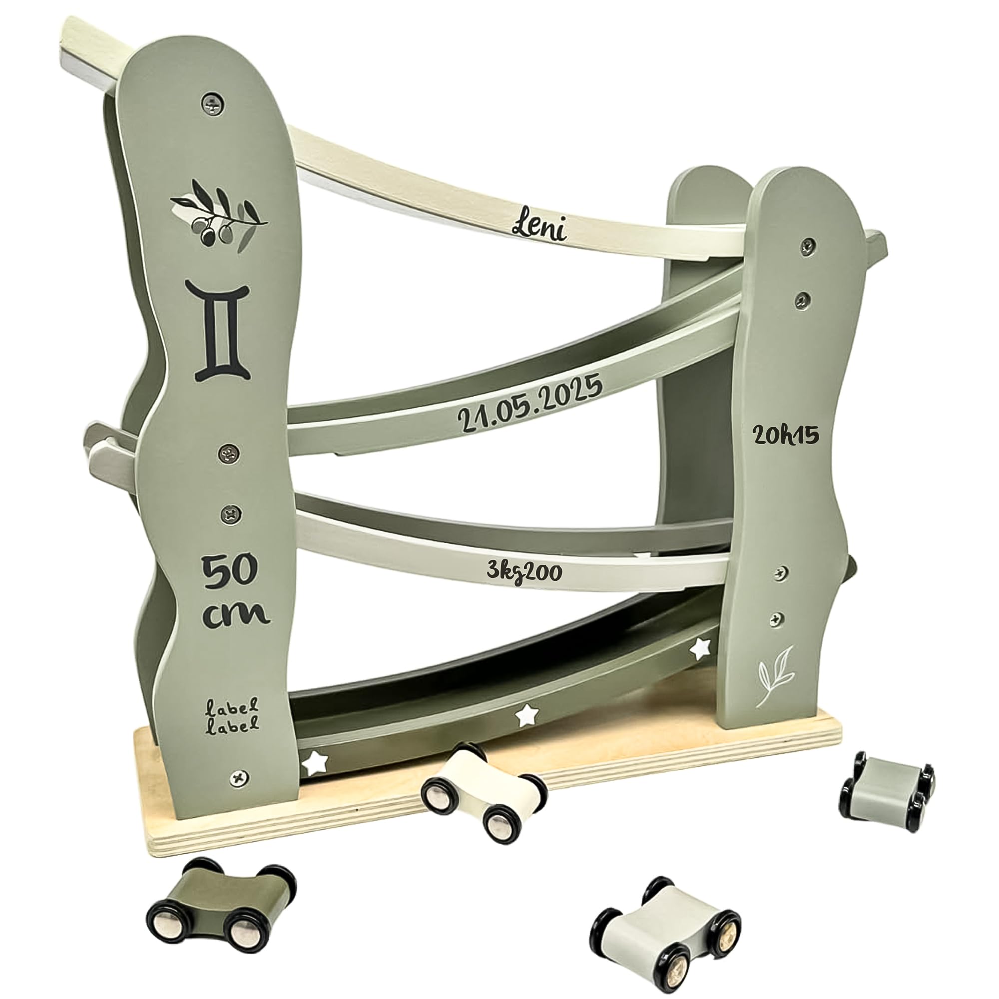 Personnalisable Circuit à Voitures en Bois Vert Olive - avec Petites Voitures & favorise la motricité Fine - pour Enfants dès 12 Mois - avec prénom & Date de Naissance - Label Label