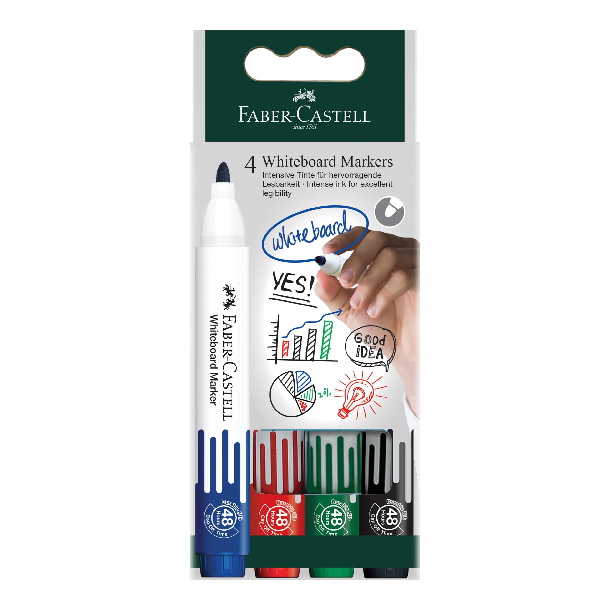 Faber-Castell 253942 - Whiteboard Marker W20, 4 rotuladores para pizarras blancas recargables, ancho de trazo 2,25 mm, marcador fácil de borrar