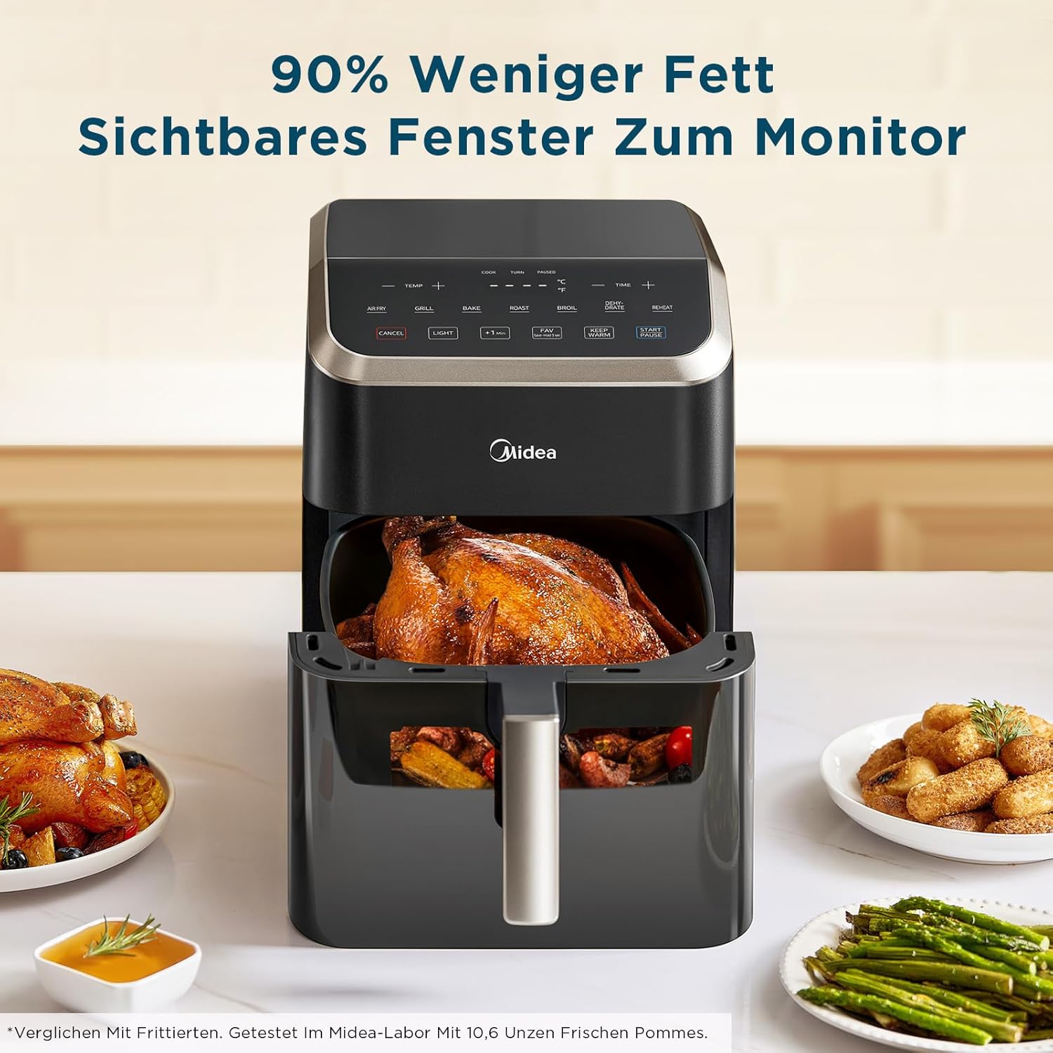 Midea Hot air fryer, capacity 7 litres, HeatXpress technology 90% less oil, energy and time savings with 7 presets, Easy-View window & light, non-stick coating