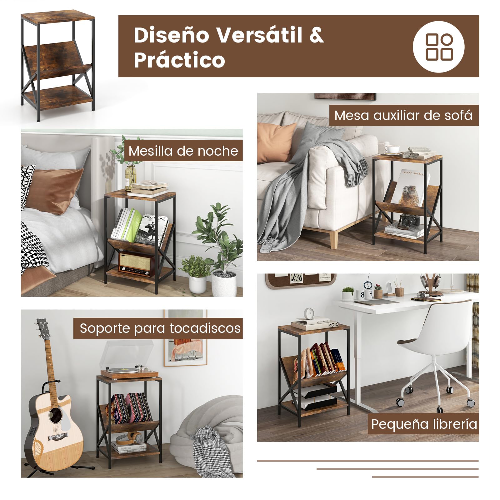 COSTWAY Mesa Auxiliar de 3 Niveles, Mesa Tocadiscos con Revistero para Vinilos Pequeños y Medianos, Marco de Metal en Forma de X y Almohadillas Ajustables, Mueble Tocadiscos Vinilos, 40 x 30 x 61 cm