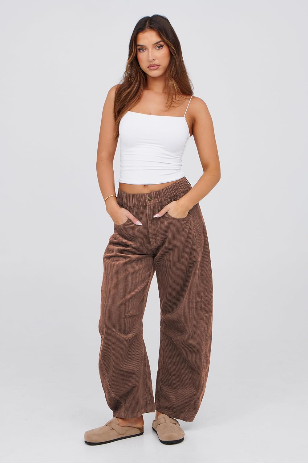 Lviefent Womens Mid Rise Cord Barrel Jeans Casual Baggy Wide Leg Corduroy Cropped Ankle Pants with Pockets - Image 2