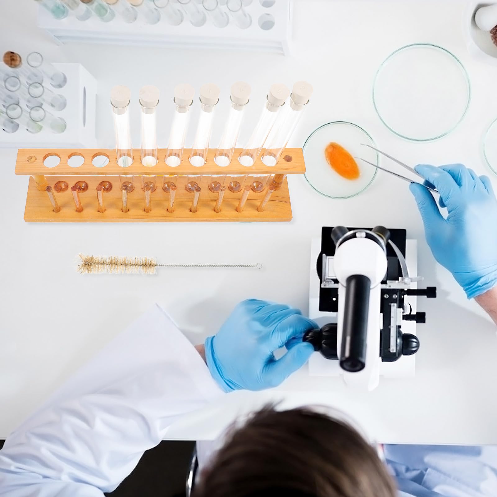 SHERCHPRY Set Portaprovette in Legno 10 Fori con Provette in Vetro con Tappo in Gomma e Spazzola per Pulizia Attrezzatura per Esperimenti Chimici e Laboratorio Supporto Resistente ed