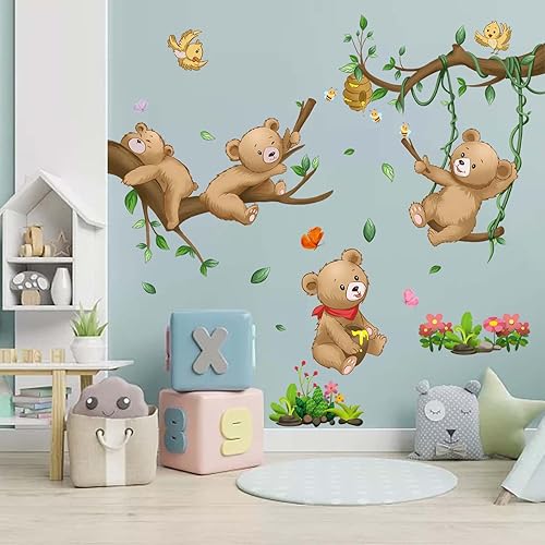 Amimagen Calcomanías de pared de oso del bosque, calcomanías de pared de ramas de árbol de animales para bebé, guardería, habitación de niños,