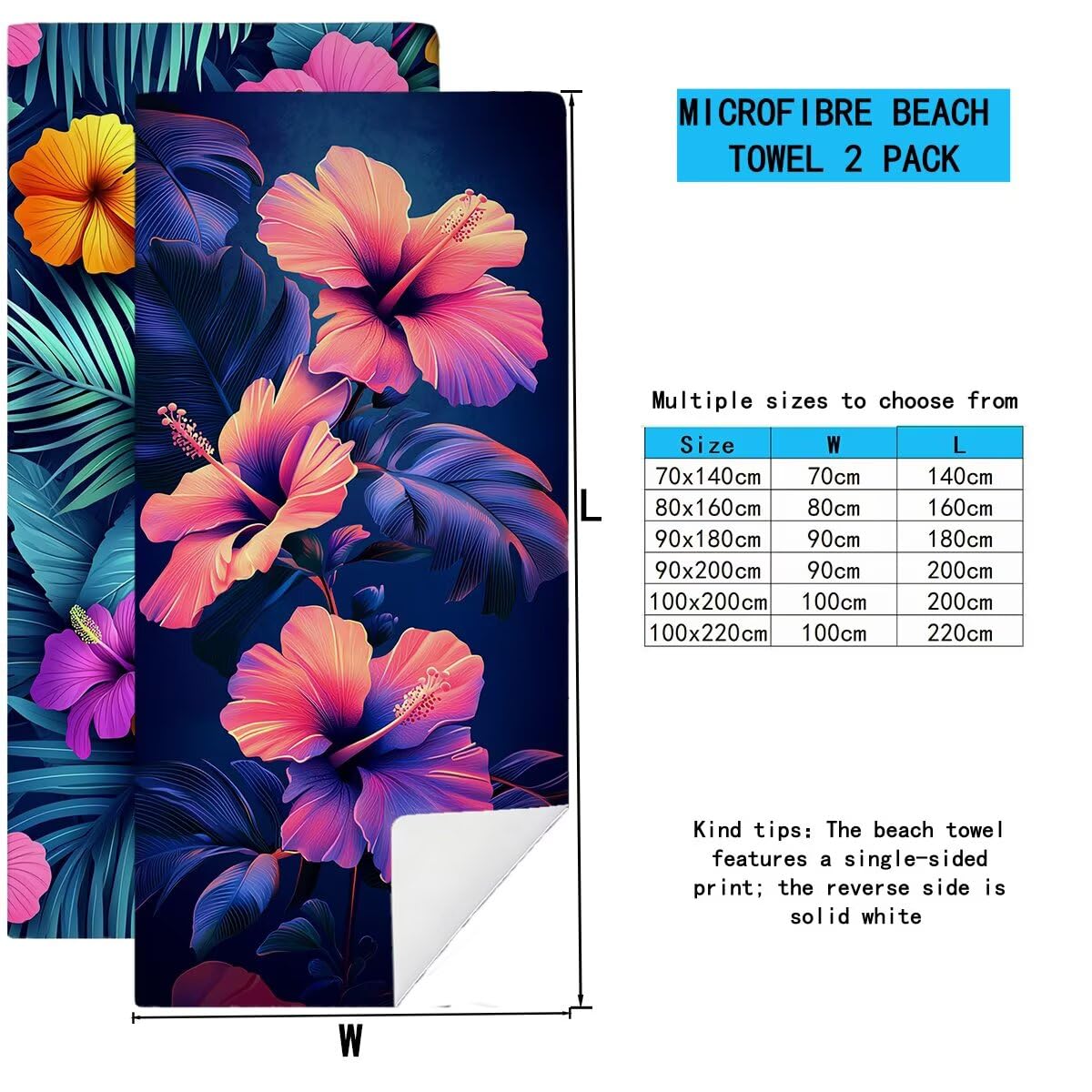Ręcznik plażowy z mikrofibry, duży ręcznik kąpielowy 100 x 220 cm, zestaw 2 szt. szybkoschnących prześcieradeł kąpielowych w kwiaty, odporny na piasek ręczniki plażowe z mikrofibry do podróży