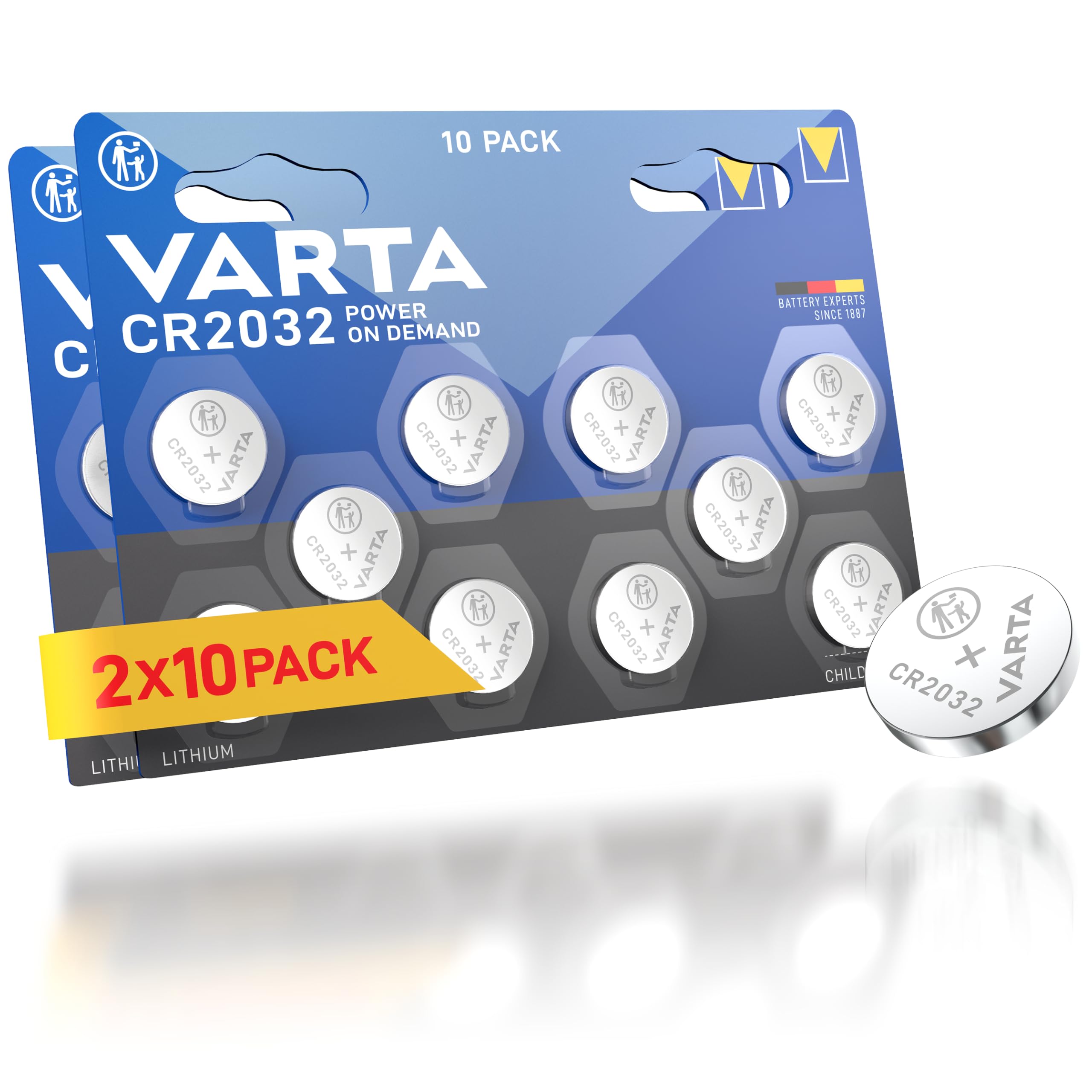 VARTA Batterien Knopfzellen CR2032, 20 Stück, Power on Demand, Lithium Coin, 3V, kindersichere Verpackung, für elektronische Kleingeräte - Autoschlüssel, Fernbedienungen, Waagen