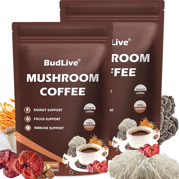 BudLive Mushroom Coffee - Instant Coffee Powder with Organic Lion’s Mane, Reishi, Cordyceps, Turkey Tail, King Trumpet & Shiitake, Energy, Focus, Digestion & Immune Support, 30 Servings
