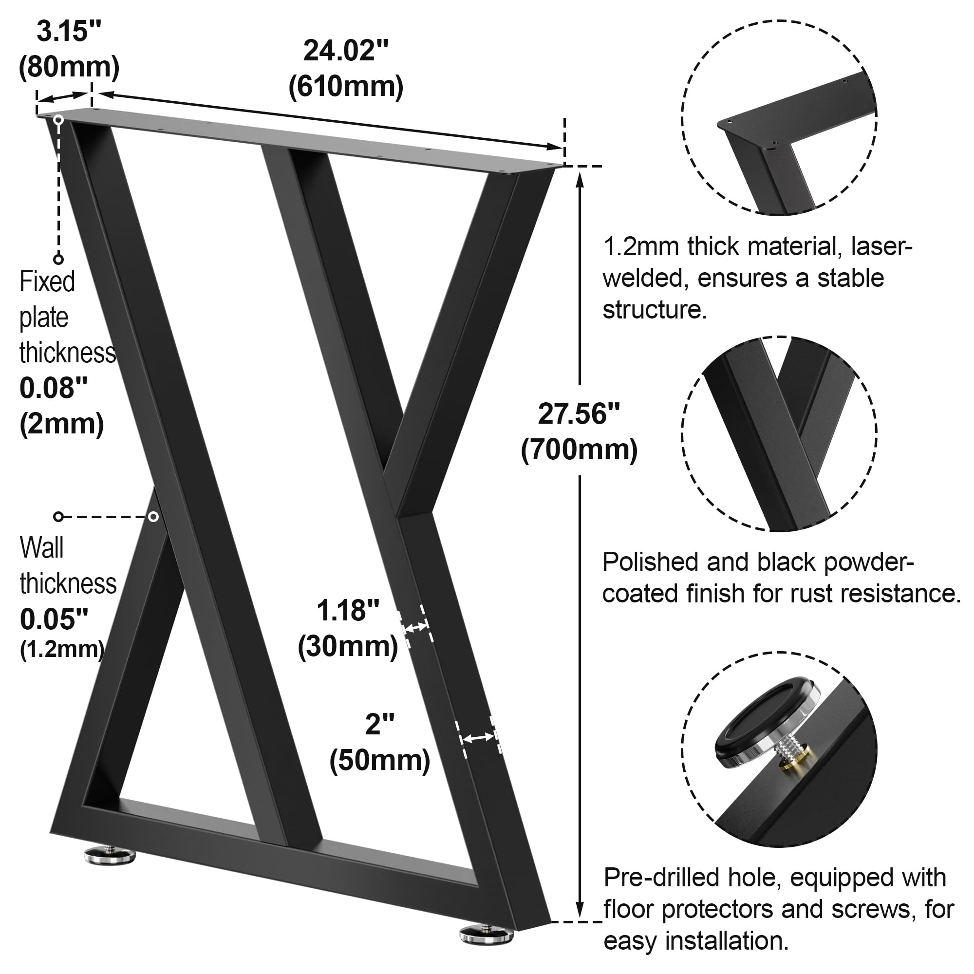Tischbeine Metall Schwarz, 70 x 61cm, Schreibtisch Rahmen, DIY möbelfüße, Tischbeine 70cm Schwarz Quadratische Form, 2 Stück