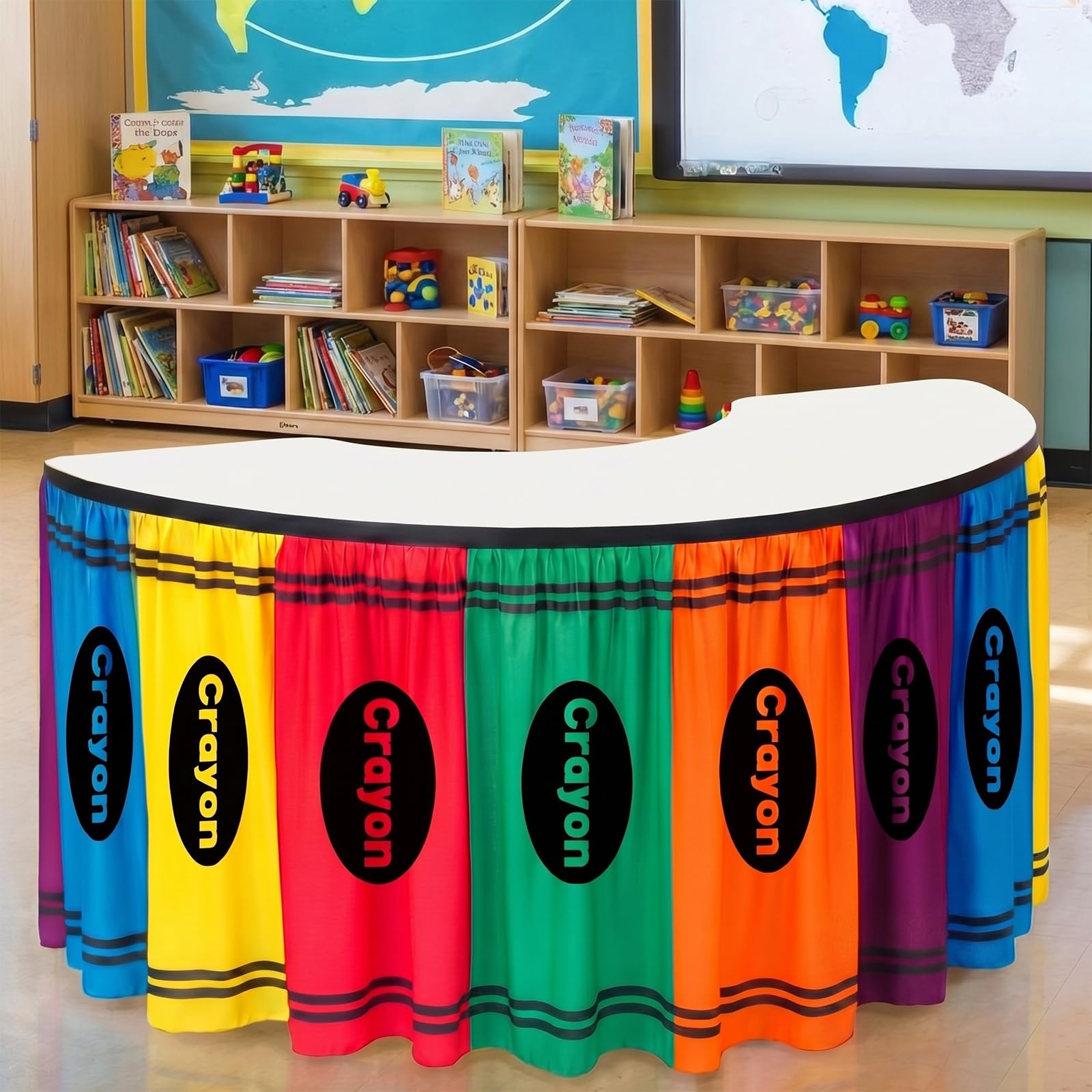 Gilprop 14 ft x 30 Inch Colorful Crayon Ruffled Table Skirt for Teacher Desk Colorful Tablecloth Skirt for Rectangle Round Kidney Shaped Desk Teacher Classroom Decor School Themed Party Supplies
