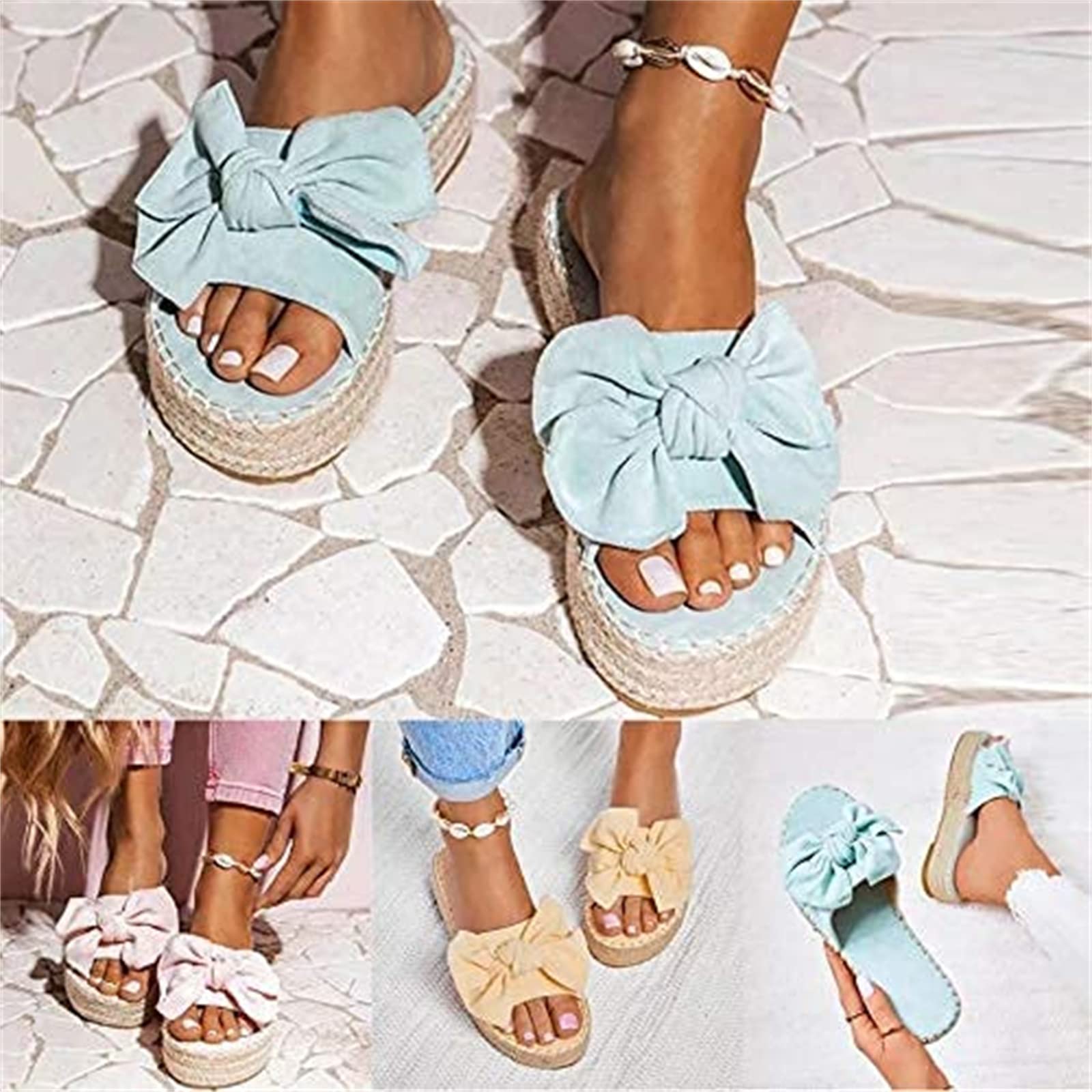 OMIREL Womens Espadrilles Slip on Wedge Sandals Slides Knot Bow Platform  Open Toe Summer Mules Shoes Orthopedic Walking Slippers with Arch Support  ...