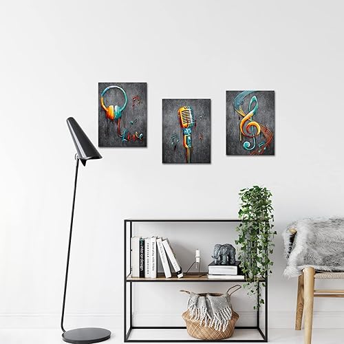 Miniatura 3 de 3 piezas de pinturas artísticas musicales, arte de pared, micrófono y auriculares, nota, lienzo con impresión giclée, decoración moderna para el