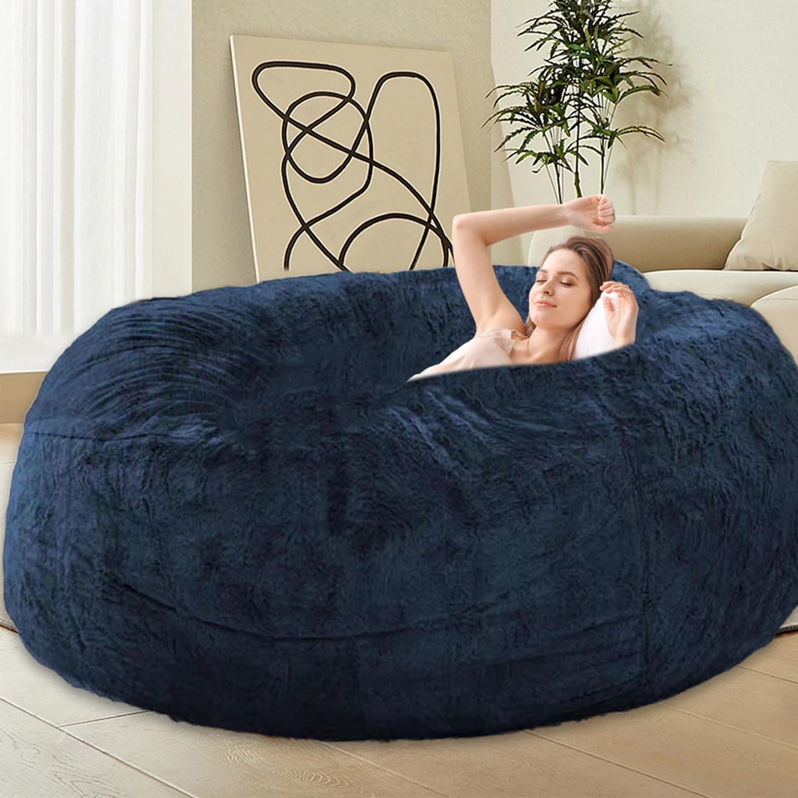 Bean Bag Chairs for Kids Comfy Fluffy Big Joe Bean Bag Chair Cover Without  Filler Round Sofa Chairs for Bedroom Living Room Decor, 5FT, Dark Blue