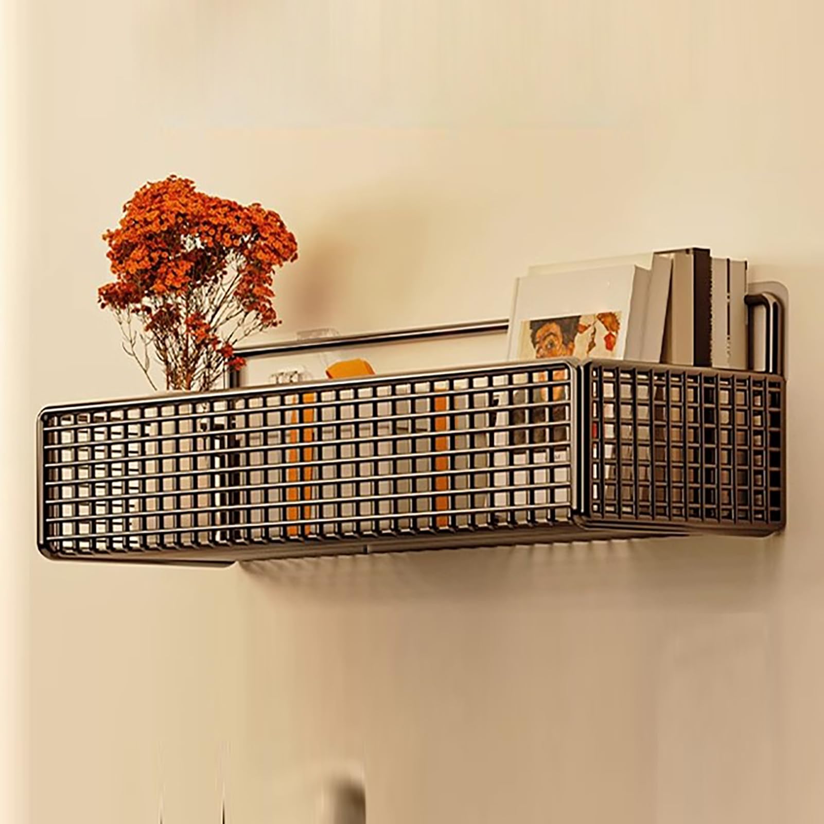 Paquete de 2 cestas de almacenamiento montadas en la pared sin taladros, organizador colgante de metal negro para cocina, baño, cestas de malla multifuncionales que ahorran espacio,