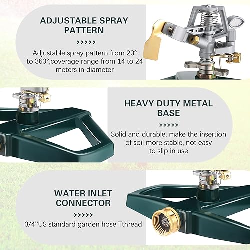 Miniatura 4 de 3 juegos de rociadores giratorios giratorios de 360 grados para jardín, rociadores de impacto pulsante con base de metal, sistema de rociadores de