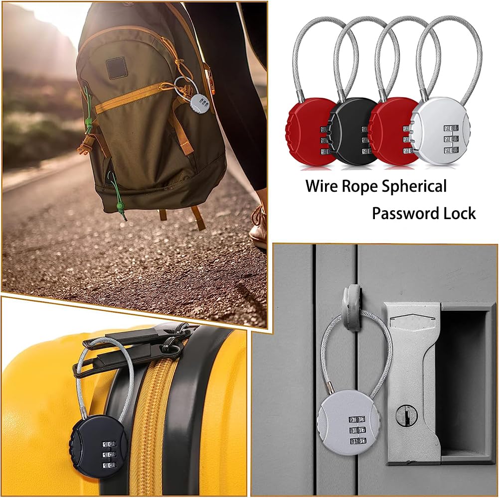 woojfcang 4 Pcs Small Number Locks Zinc Alloy Combination Padlocks 3 Digit Security Cord Padlocks Code Lock Weatherproof Travel Cable Combination Lock for Gym Locker Luggage Suitcase - Image 2