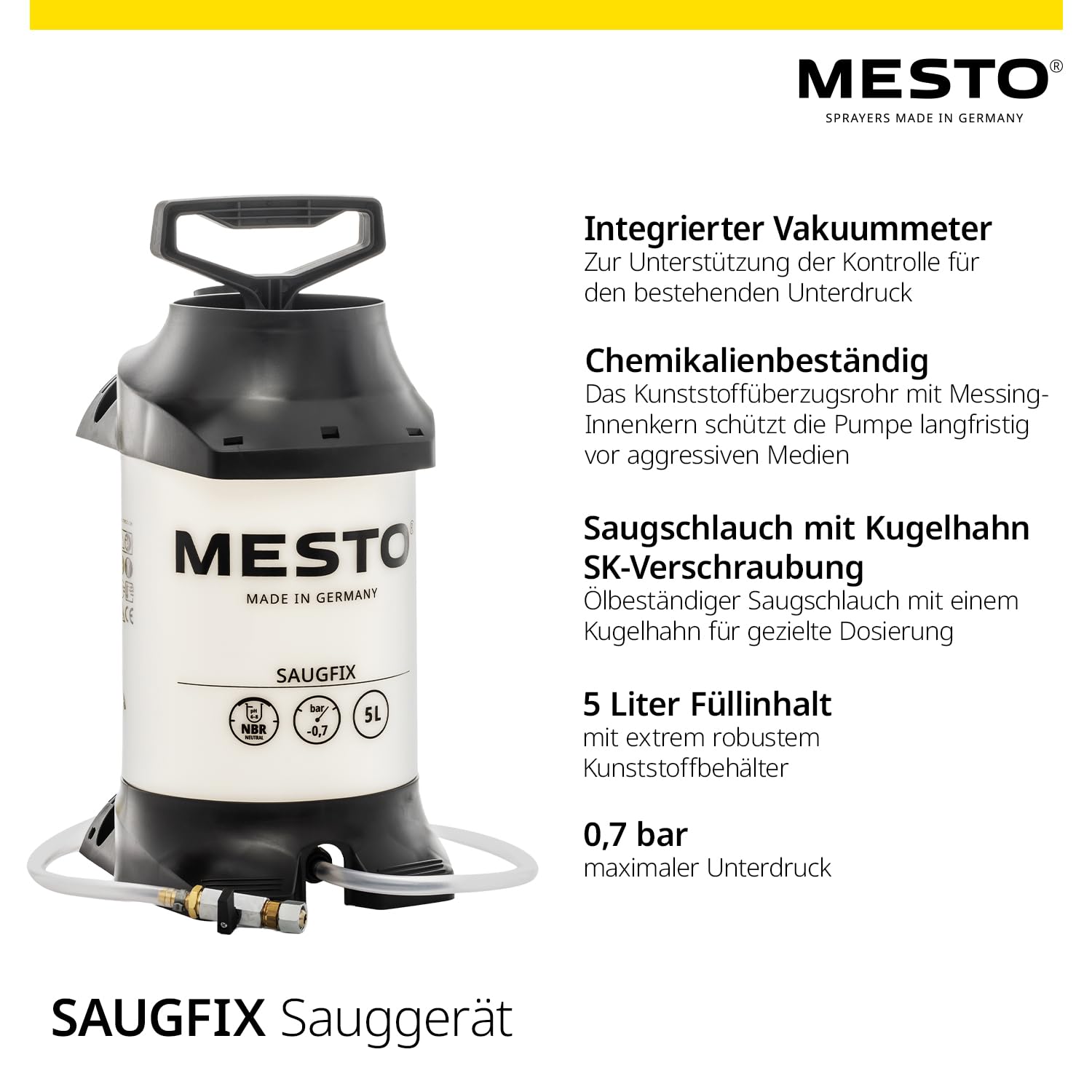 Mesto SAUGFIX Sauggerät 5 L| Saugpumpe mit 0,7 bar Unterdruck | Ölabsaugpumpe für Schmieröl & Nicht Aggressive Flüssigkeiten | Ideal für Auto, Werkstatt & Industrie | mit Kugelhahn & SK-Verschraubung