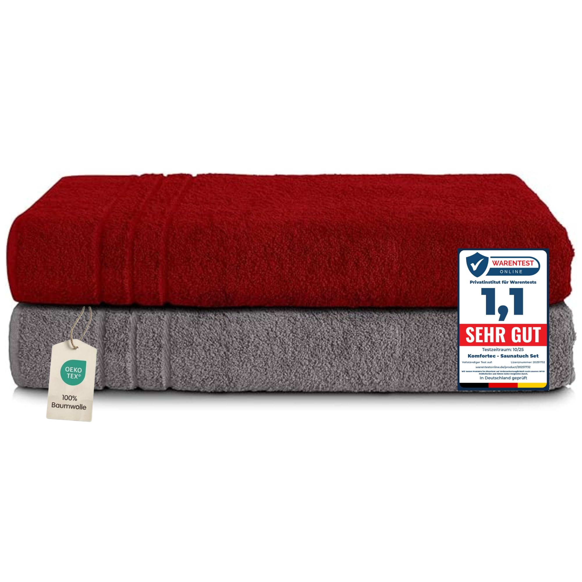 Komfortec 2er Saunahandtuch Set 80x200 cm, Große Saunatücher aus 100% Baumwolle, Sauna Handtücher, Flauschig und Saugstark, Schnelltrocknend, Anhtrazit Grau/Aurorarot