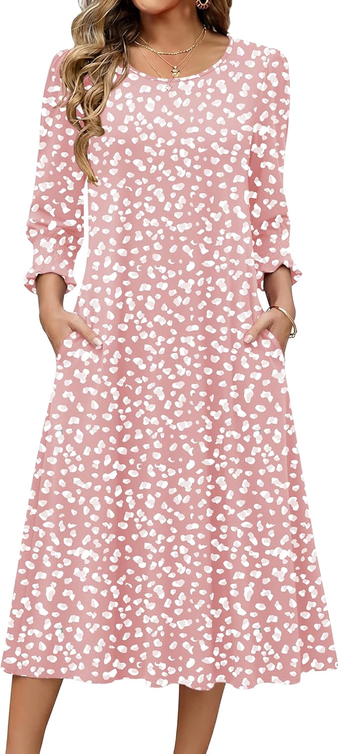Zeagoo Summer Dresses for Women 2026 3/4 Sleeve Dress for Women Floral Midi Dresses for Casual Womens Dresses with Pockets