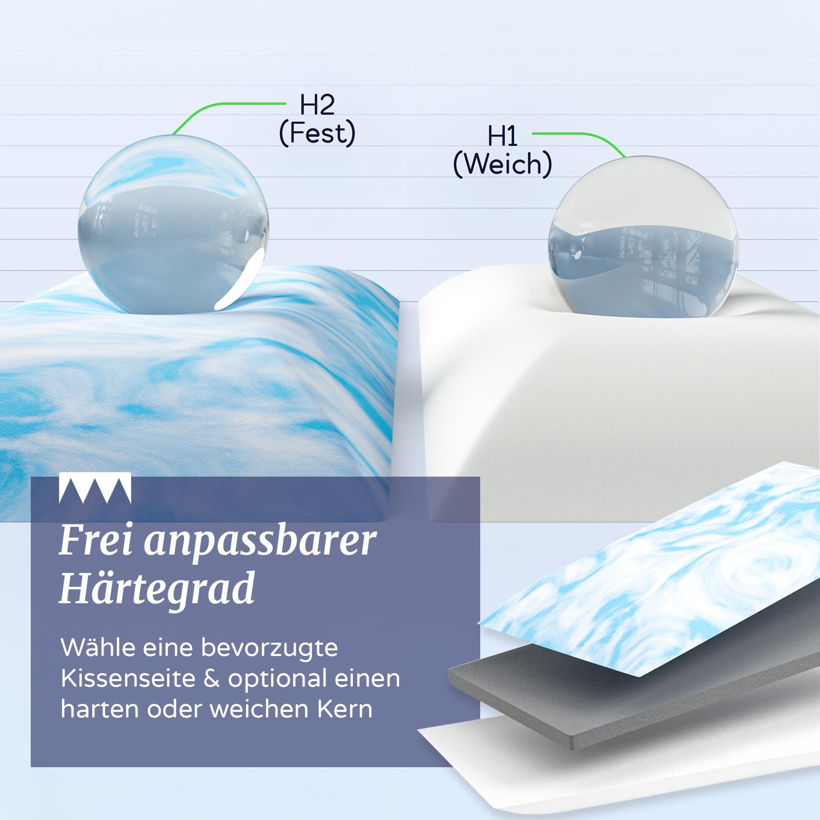 Nackenstützkissen 60x30 cm 2er Set – ergonomisches HWS-Kissen aus Gelschaum & Memory Foam mit anpassbarer Höhe & Härte – ideal für Seitenschläfer – inkl. Cashmere-Bezug