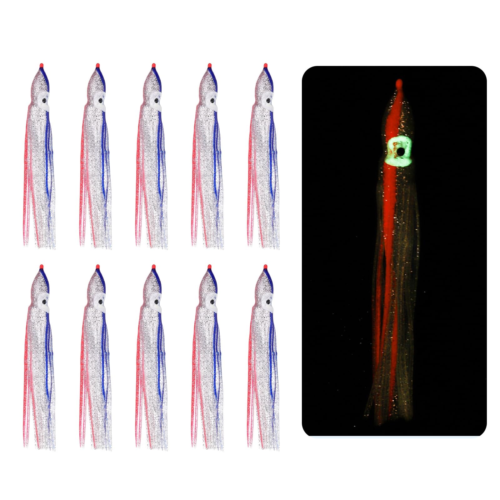 YELARXI Fishing Squid Skirts Lures Glow Soft, 4.7 x 0.5 Inch & 10 Pcs & Clear/Pink/Blue