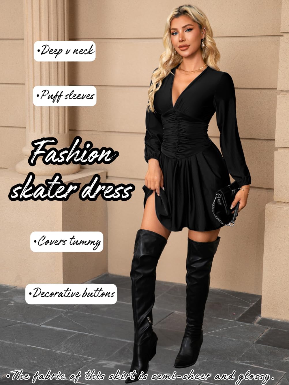 Pleated Mini Dress, V Neck A Line, Semi Formal Cocktail, Smocked Ruched Short Skater Dresses Date Night for Women - Image 3