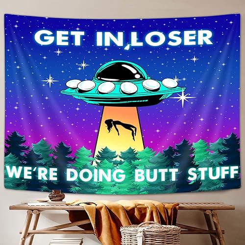 Miniatura 3 de MERCHR Divertido tapiz OVNI, tapiz único de alienígena, azul y morado, espacio estrellado, tapiz colgante de pared para hombres y niños, tapiz