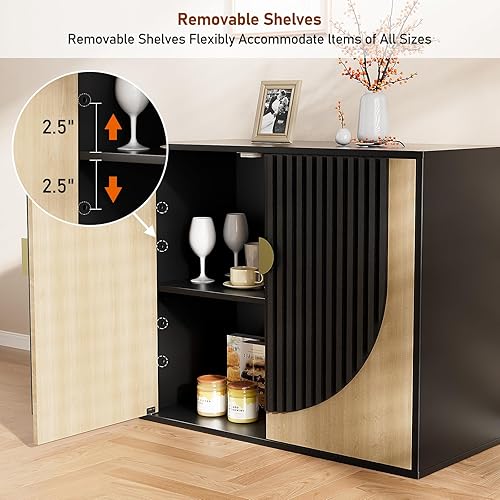 Miniatura 5 de Aparador de buffet acanalado de 33 pulgadas con almacenamiento, mesa consola modular moderna con puertas arqueadas simétricas, elegante creenza para