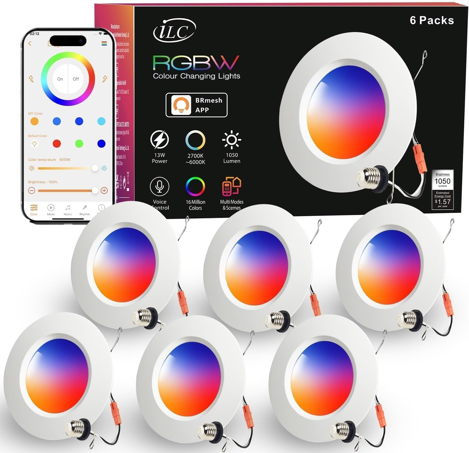 Retrofit LED Recessed Lighting 5/6 Inch, Color Changing, 13W Bluetooth APP Control, Color Temperature Tunable 2700K-6000K, ETL (6 Pack)