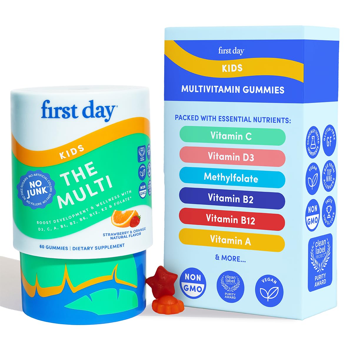 First Day Kids Multivitamin Gummies Age 4+, Strawberry & Orange - Kids Vitamins Multivitamin Gummy A C D3 K2 B1 B2 B6 B12 Folate, Immunity & Brain Function, Vegan - 30 Day Supply, Packaging May Vary