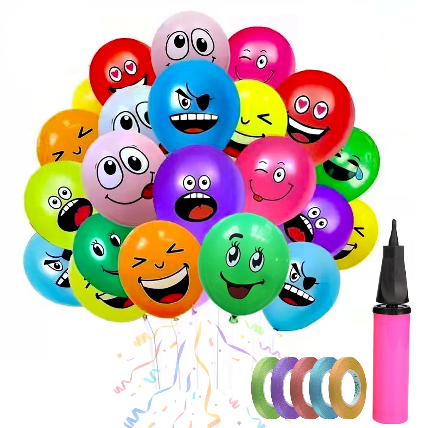 500pcs Balloons for Kids, 12IN+ Latex Emoji Balloons, 10 Rolls of Ribbon, 1 Large air Pump, Suitable for Boys and Girls Birthdays, Parties, Weddings and Large Celebrations Scene Construction